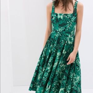 Zara Green Tropical Midi Sun Dress Flared Skirt XS